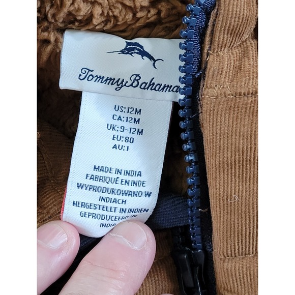Tommy Bahama Infant Hoodie Vest 12M Corduroy Tan Blue Sherpa Lined - Picture 2 of 6